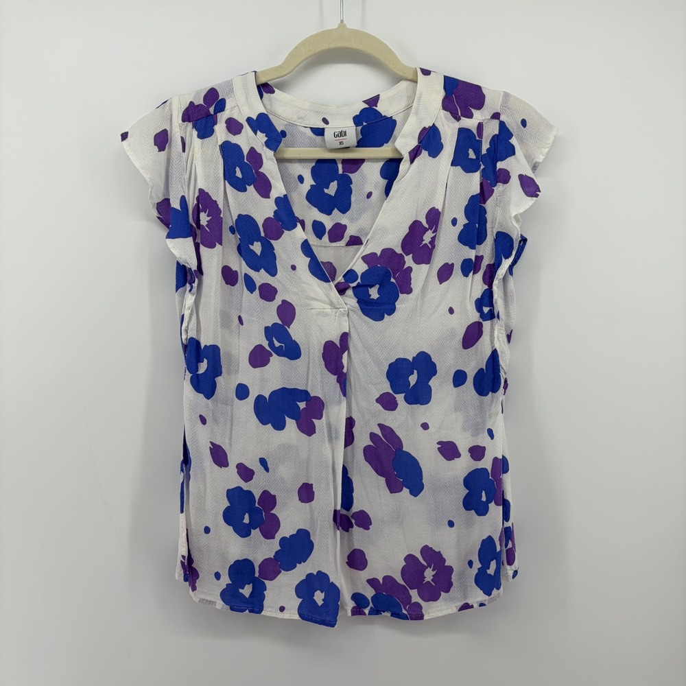 Cabi Womens XS White Blue‎ Floral V-Neck Flutter Sleeve Blouse Summer Spring